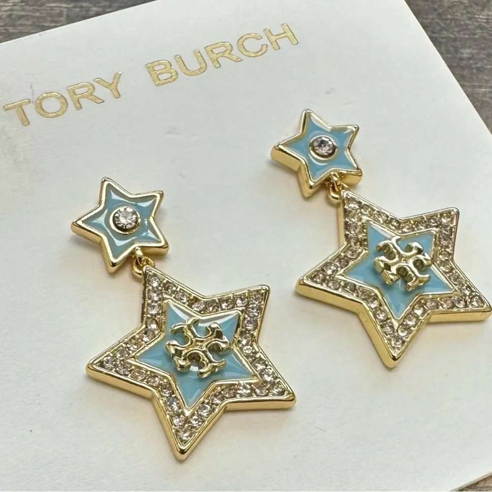 Authentic Tory Burch Gold-Tone Pale Blue Star Drop Earrings - NWT - MSRP $148